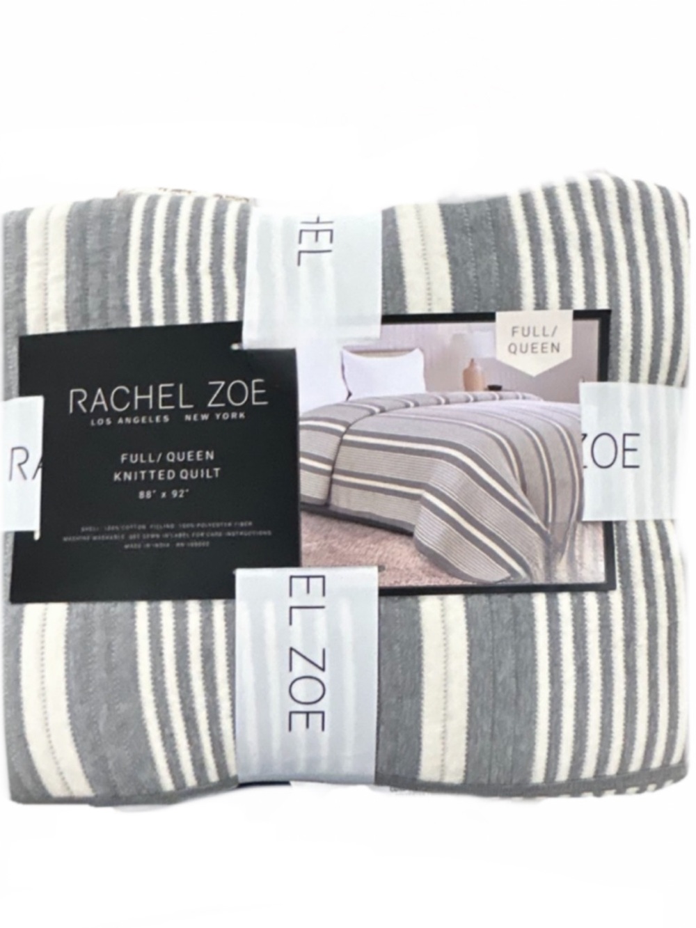 Rachel Zoe Gary and White Striped Cotton Knitted Queen Quilt 88”x92”